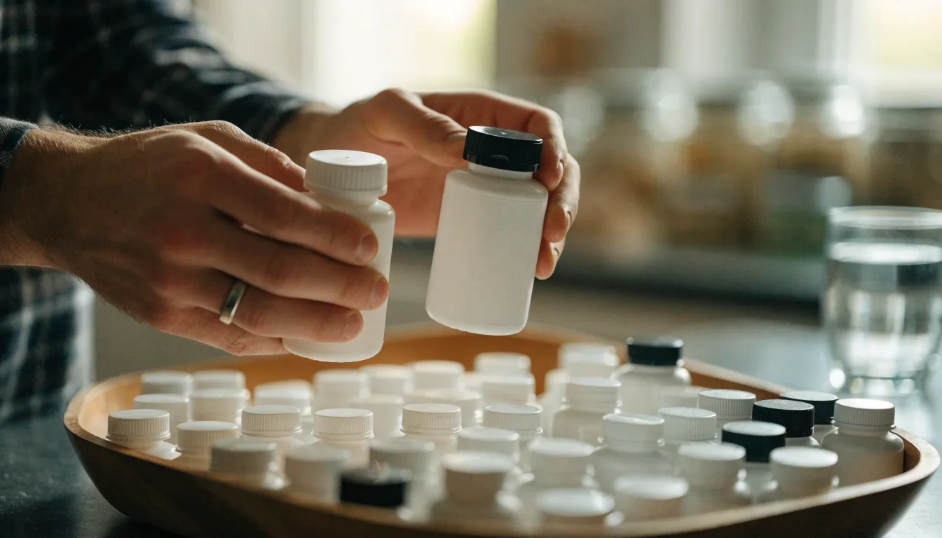 A man examining the side of a supplement bottle in daylight at a table by a window