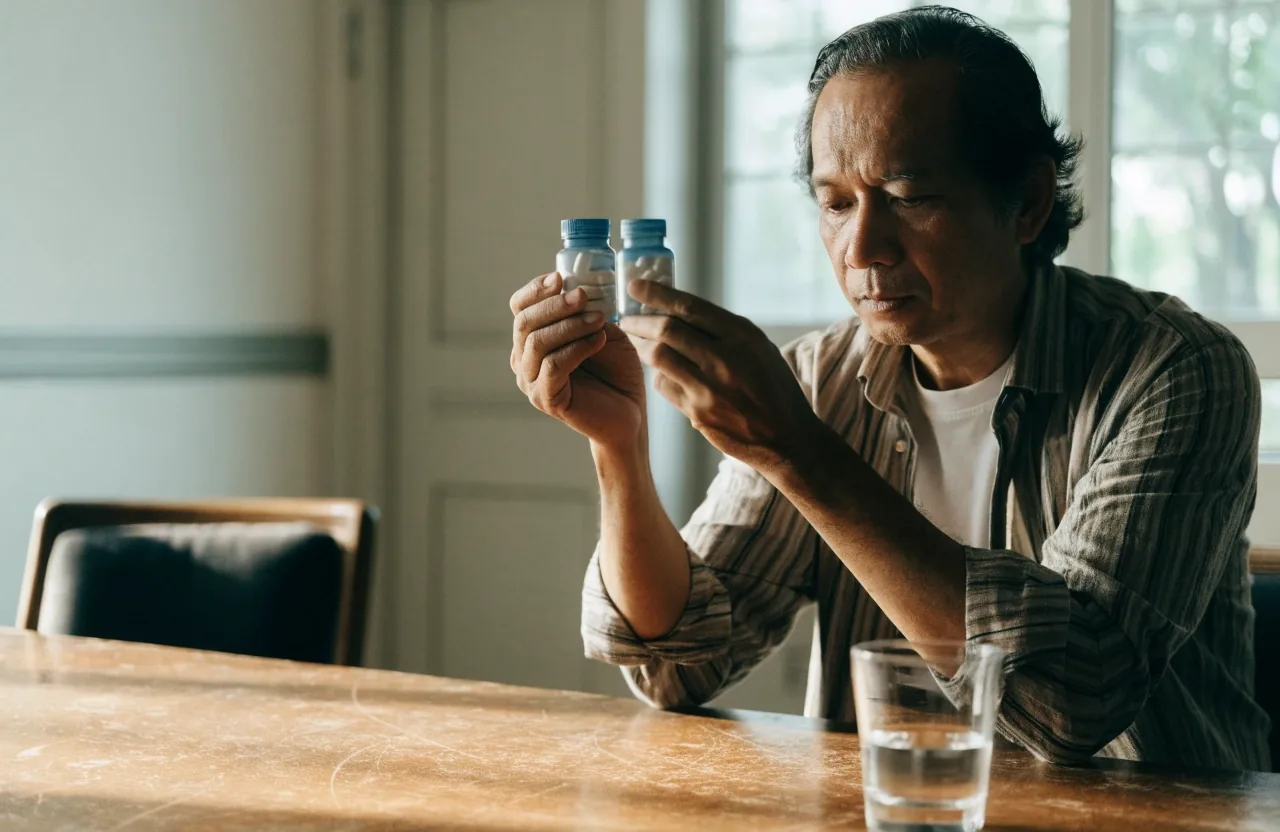 A hand lifting a supplement bottle from a pharmacy shelf to check it