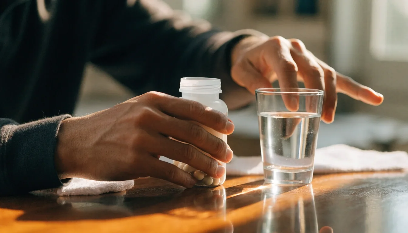 An uncluttered desk with supplement bottles and a glass of water in afternoon light