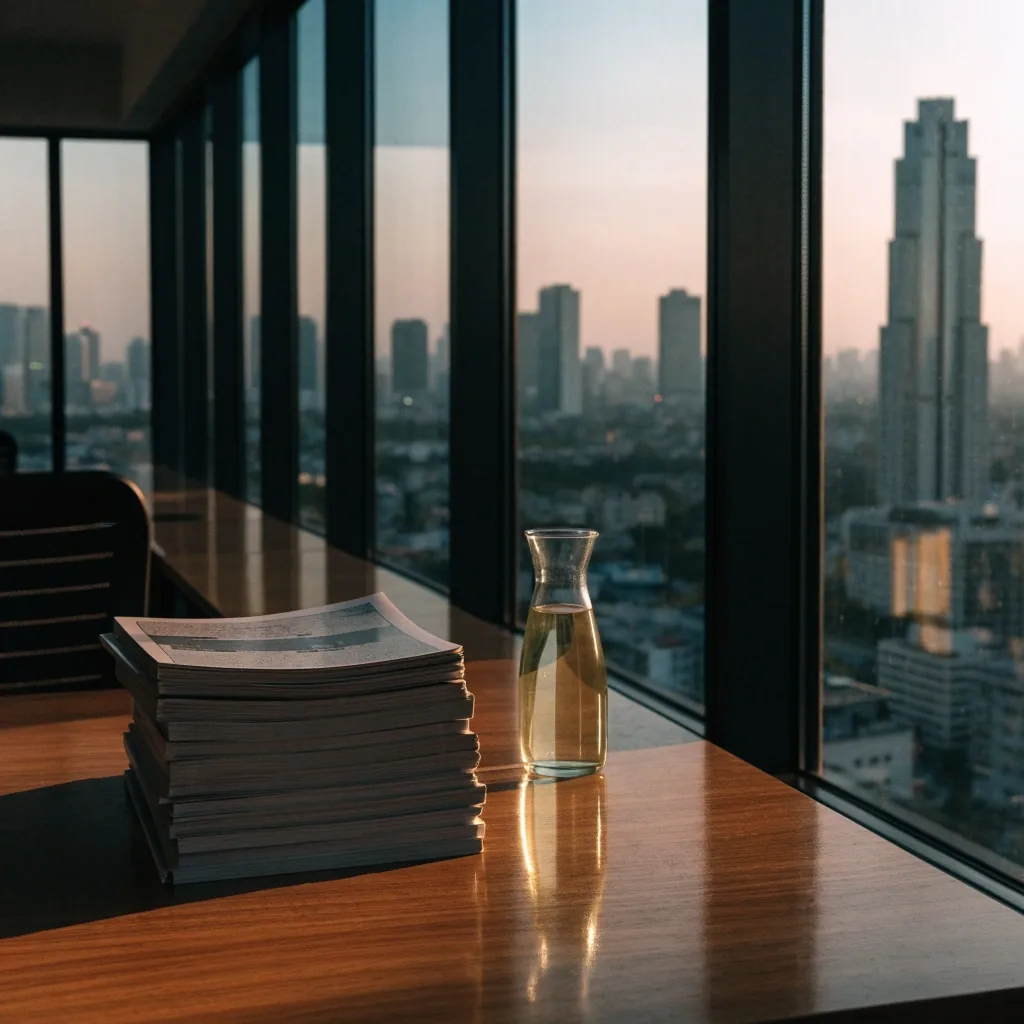 A quiet Jakarta office interior at dusk with a wooden table and city windows