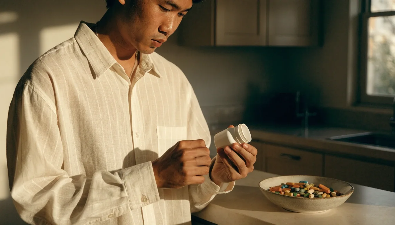A man checking a supplement container against an ingredient reference at a desk in daylight