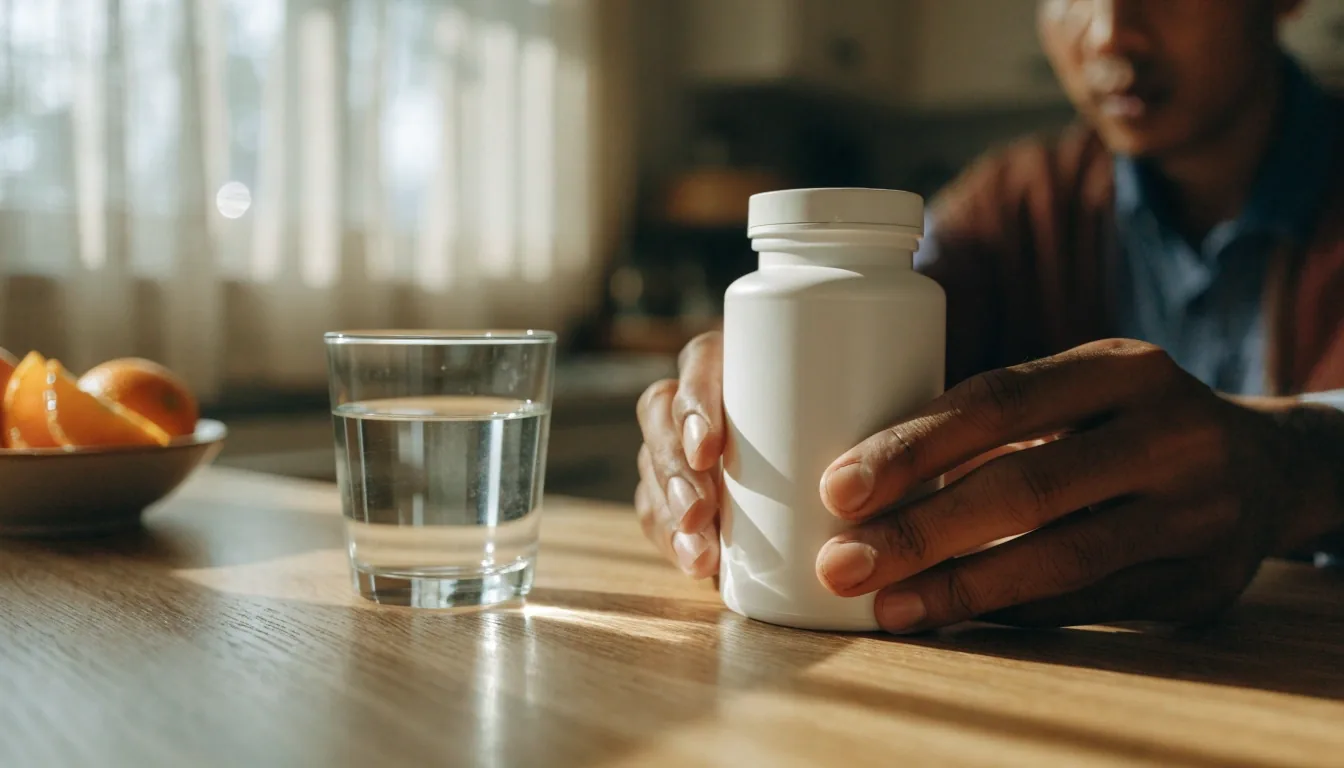 Supplement containers and a glass of water on a home kitchen counter in daylight