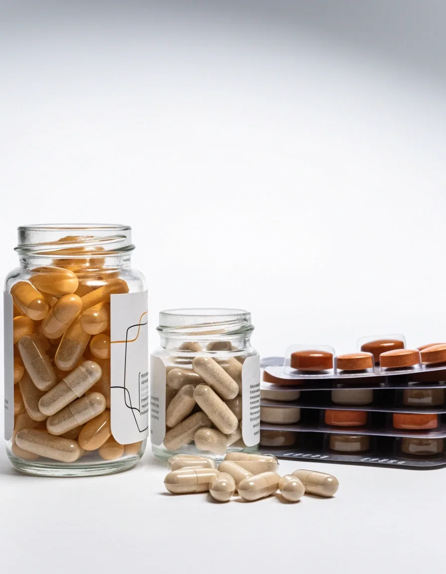 A printed reference page and a small tray of capsules on a home study desk in soft window light