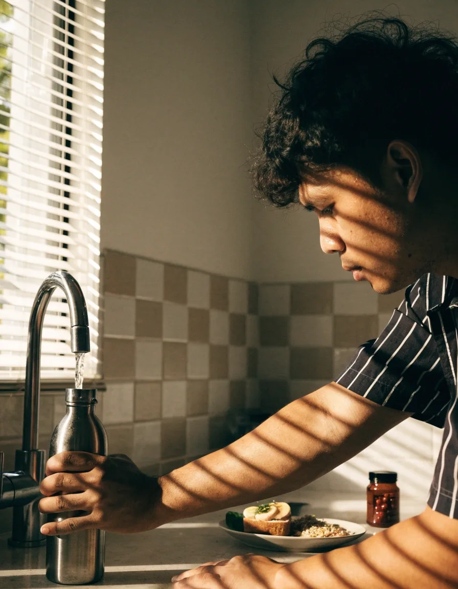 A man filling a steel water bottle at a kitchen counter in early morning light