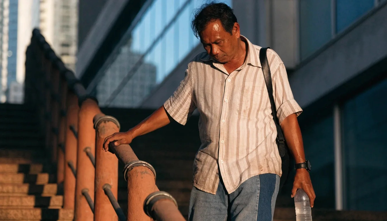 A man walking up an outdoor staircase in late afternoon light after work