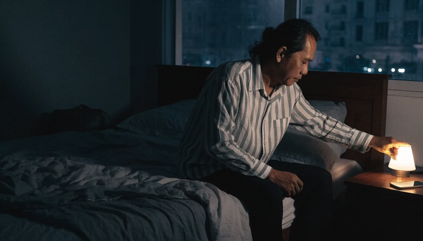 A dim bedroom at night with the lamp off and a phone turned face-down on the nightstand