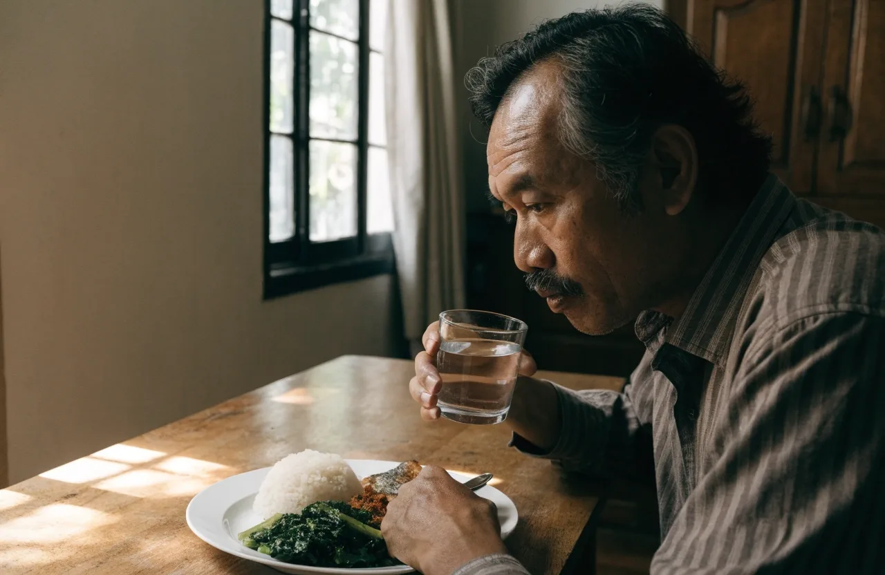 A weekday lunch of fish, rice, greens and a glass of water on a dark table
