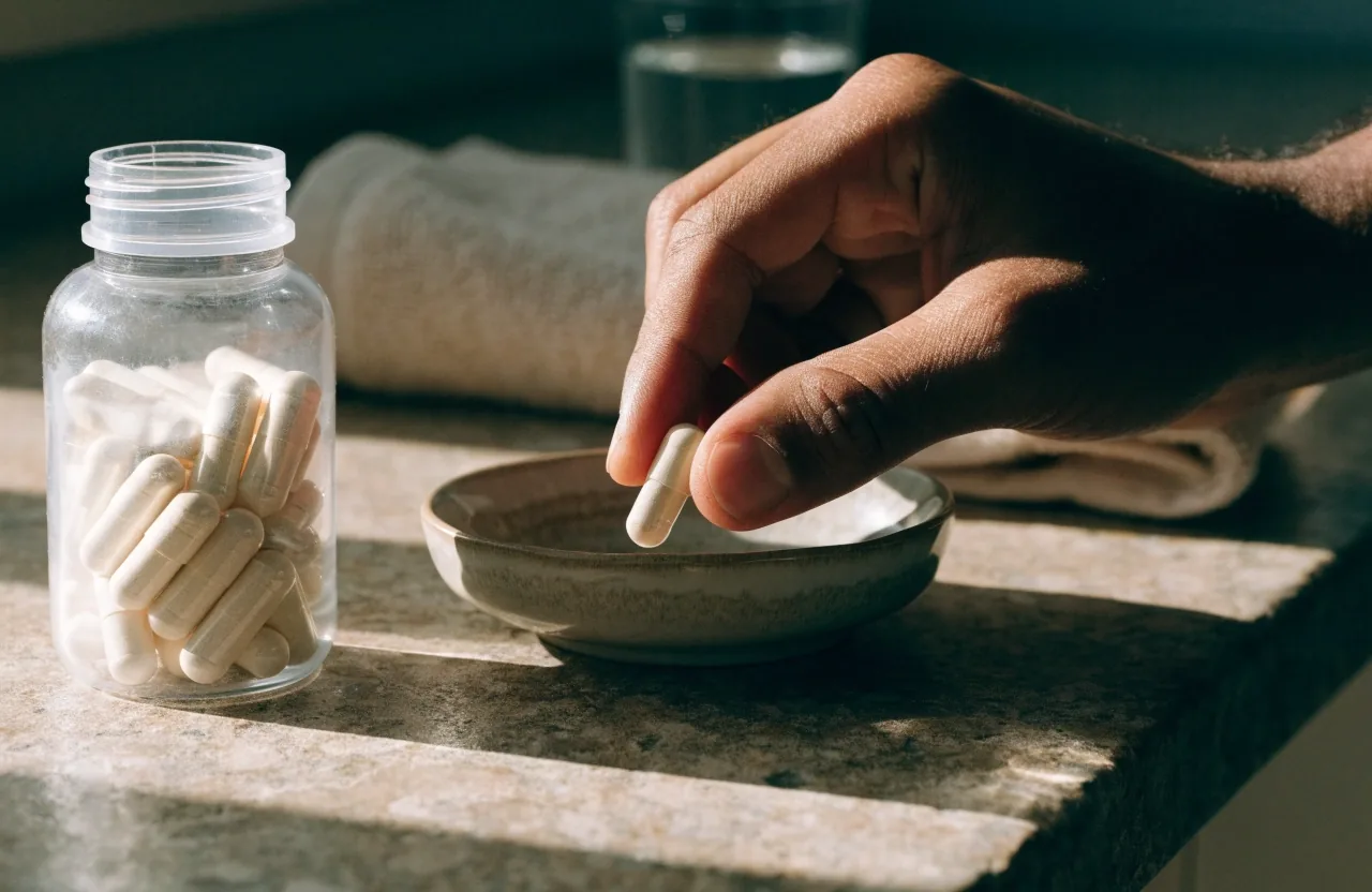 An open vitamin bottle and two capsules in a small ceramic dish on a stone counter