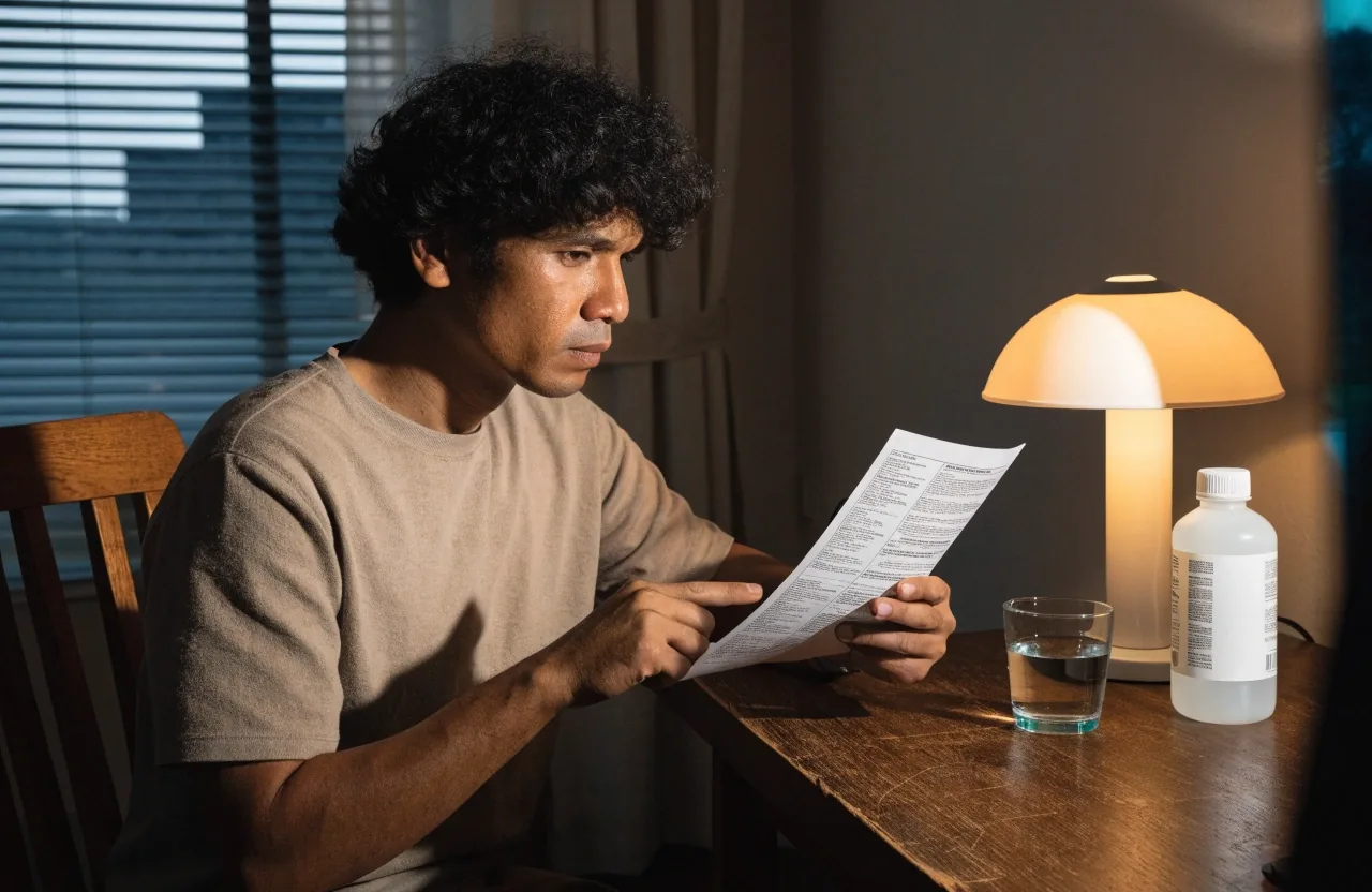 A man reading a supplement information panel at his desk in the evening before writing a question