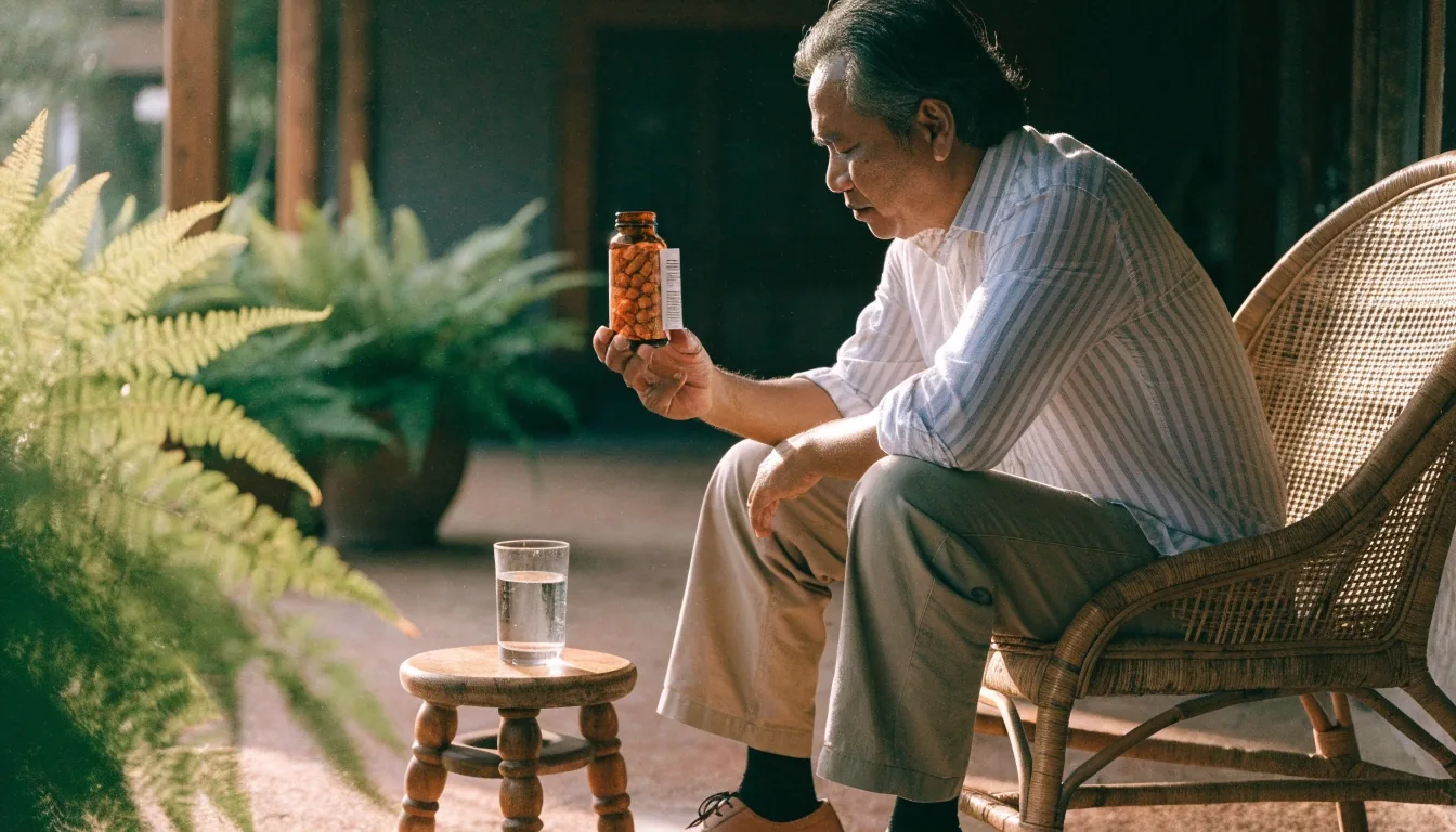 A man reading the information panel of a supplement bottle at a kitchen table in morning light