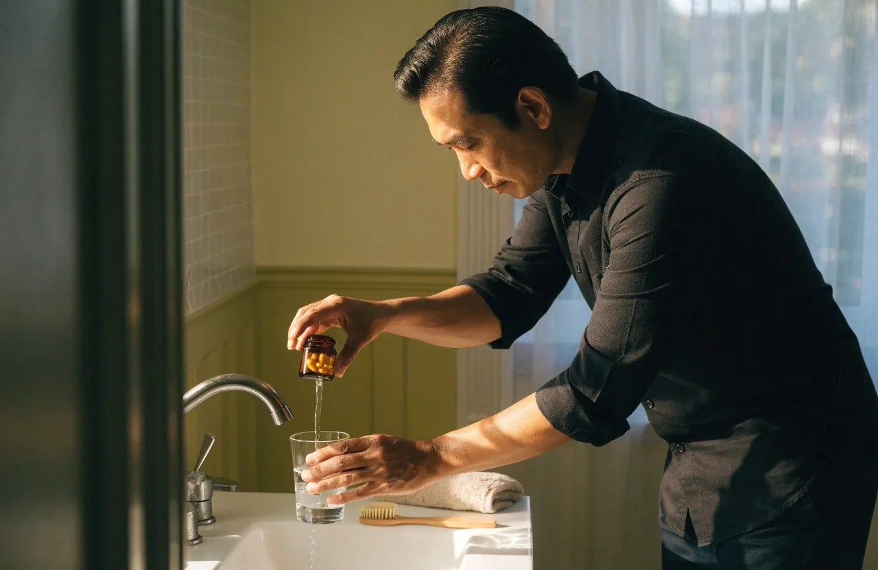 A man taking a daily supplement with a glass of water at a bathroom counter in the morning