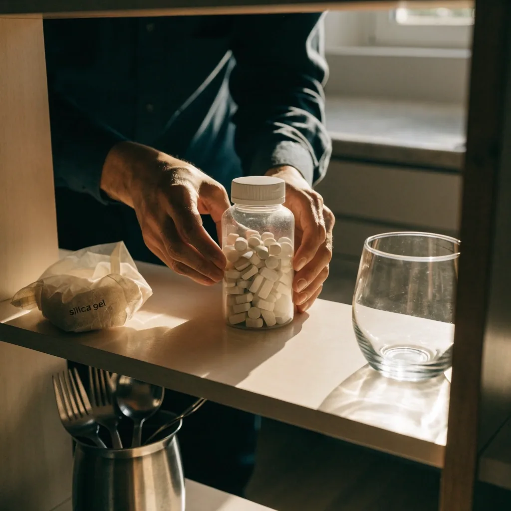 Supplement bottles stored upright in a dry kitchen cupboard away from heat and sunlight