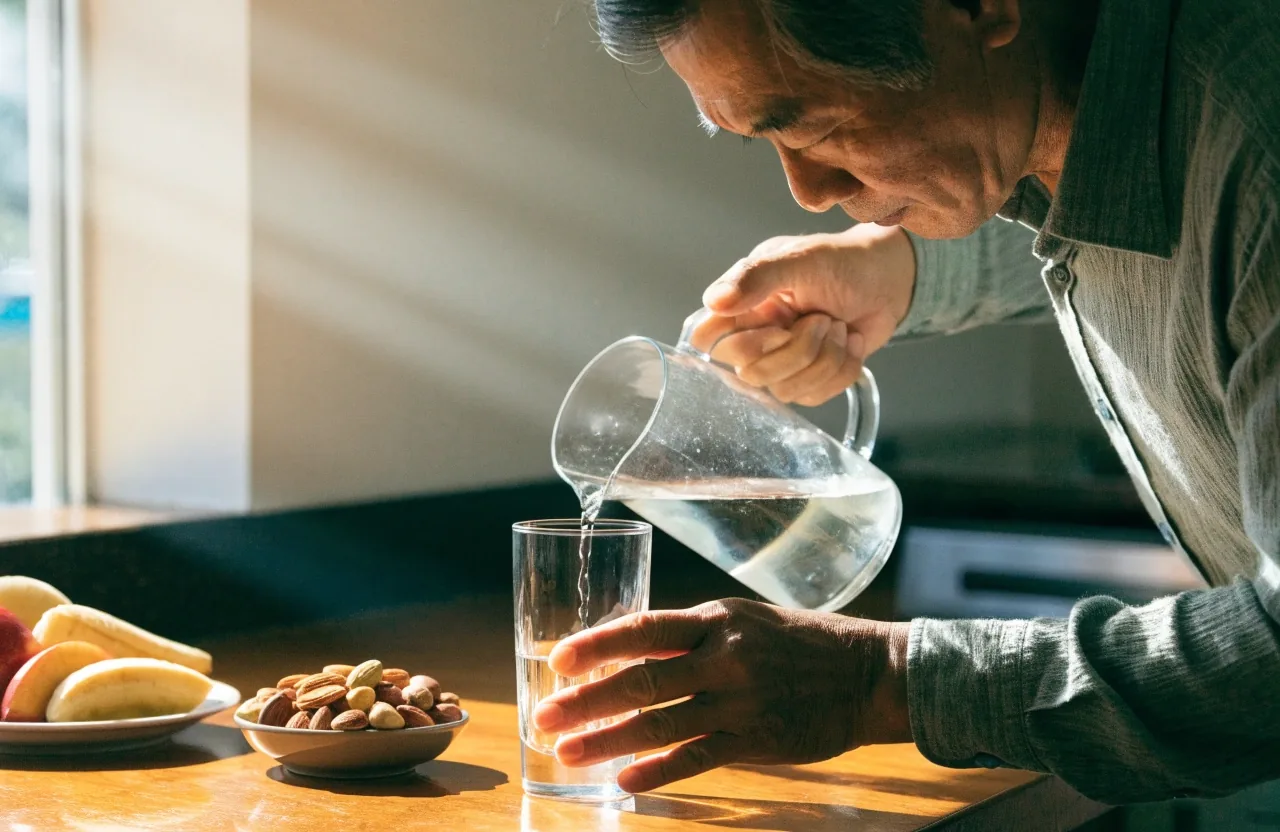 A man preparing a simple high-protein breakfast of tempeh and eggs in a sunlit kitchen