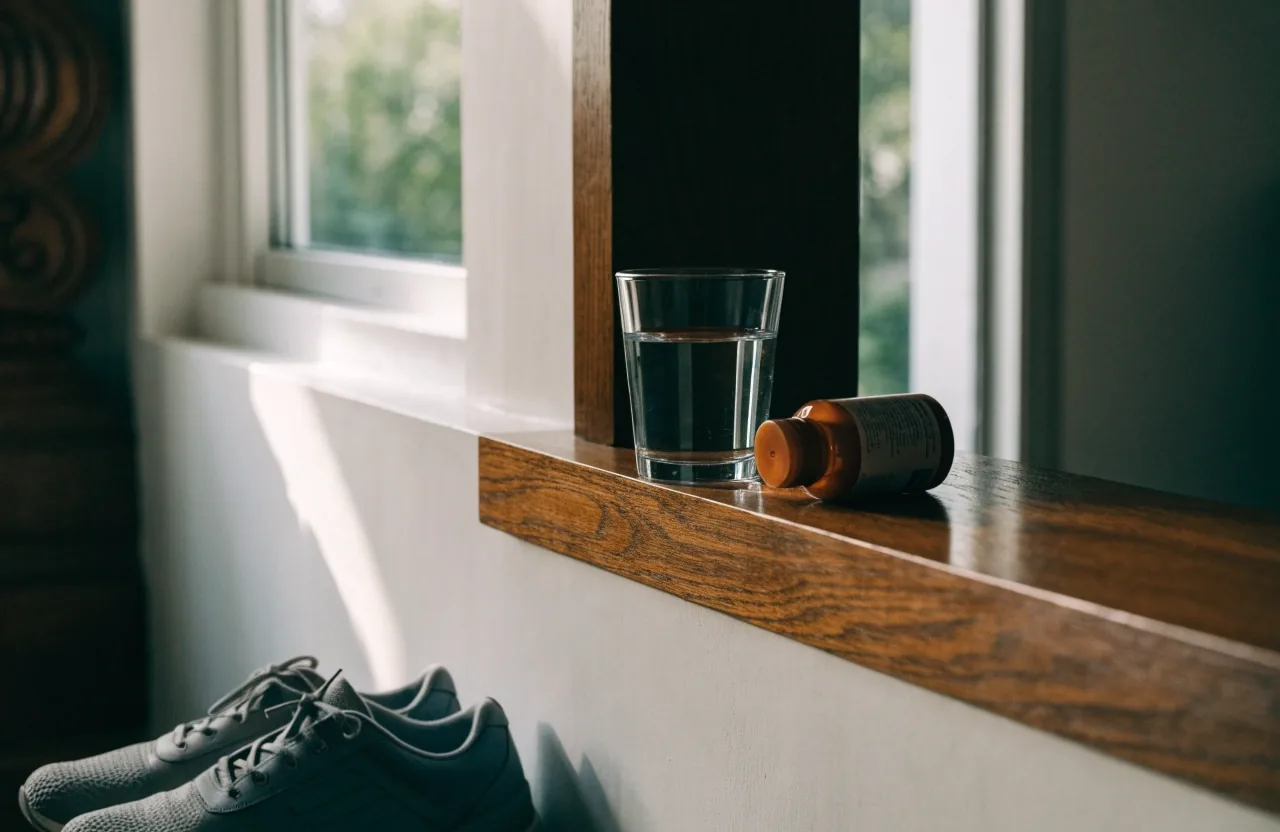 A simple daily routine shelf with a water glass, an unbranded supplement bottle, and walking shoes