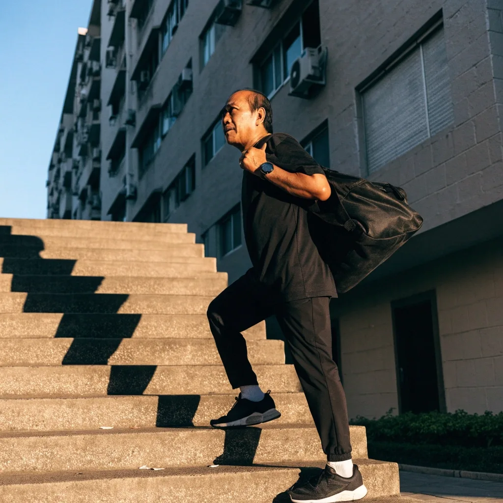 A man walking up outdoor apartment stairs as part of a daily movement routine