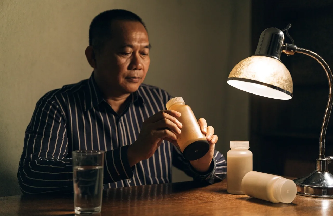 A man reviewing the back of an unbranded supplement bottle at a table before adding it to his routine