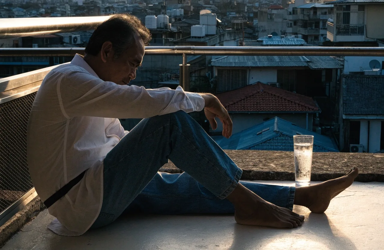 A man resting on a city balcony in the late afternoon after finishing work