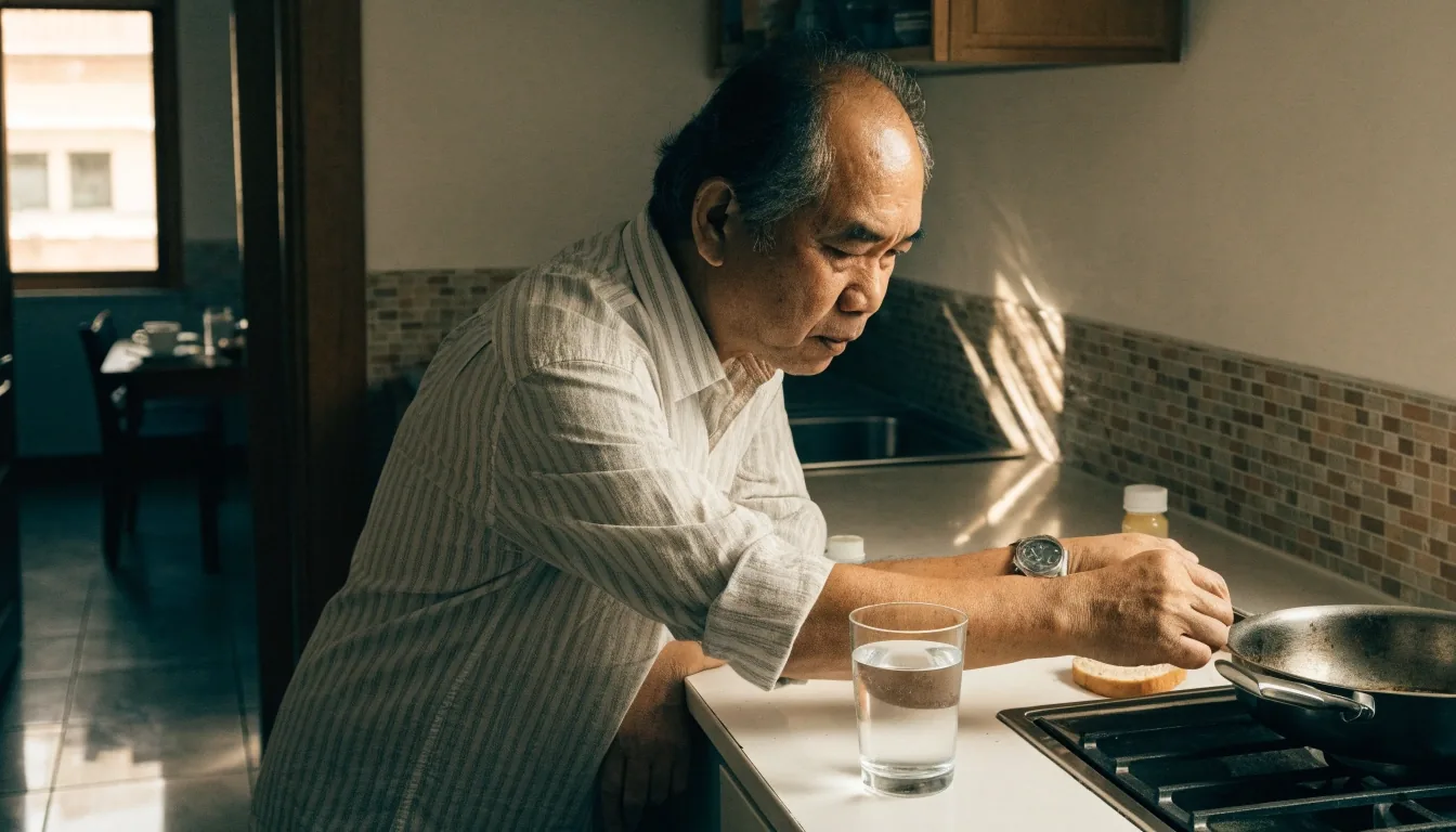 Man preparing breakfast with a glass of water and a supplement container