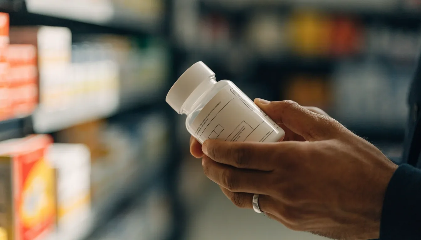Man comparing a men's supplement bottle in a pharmacy aisle