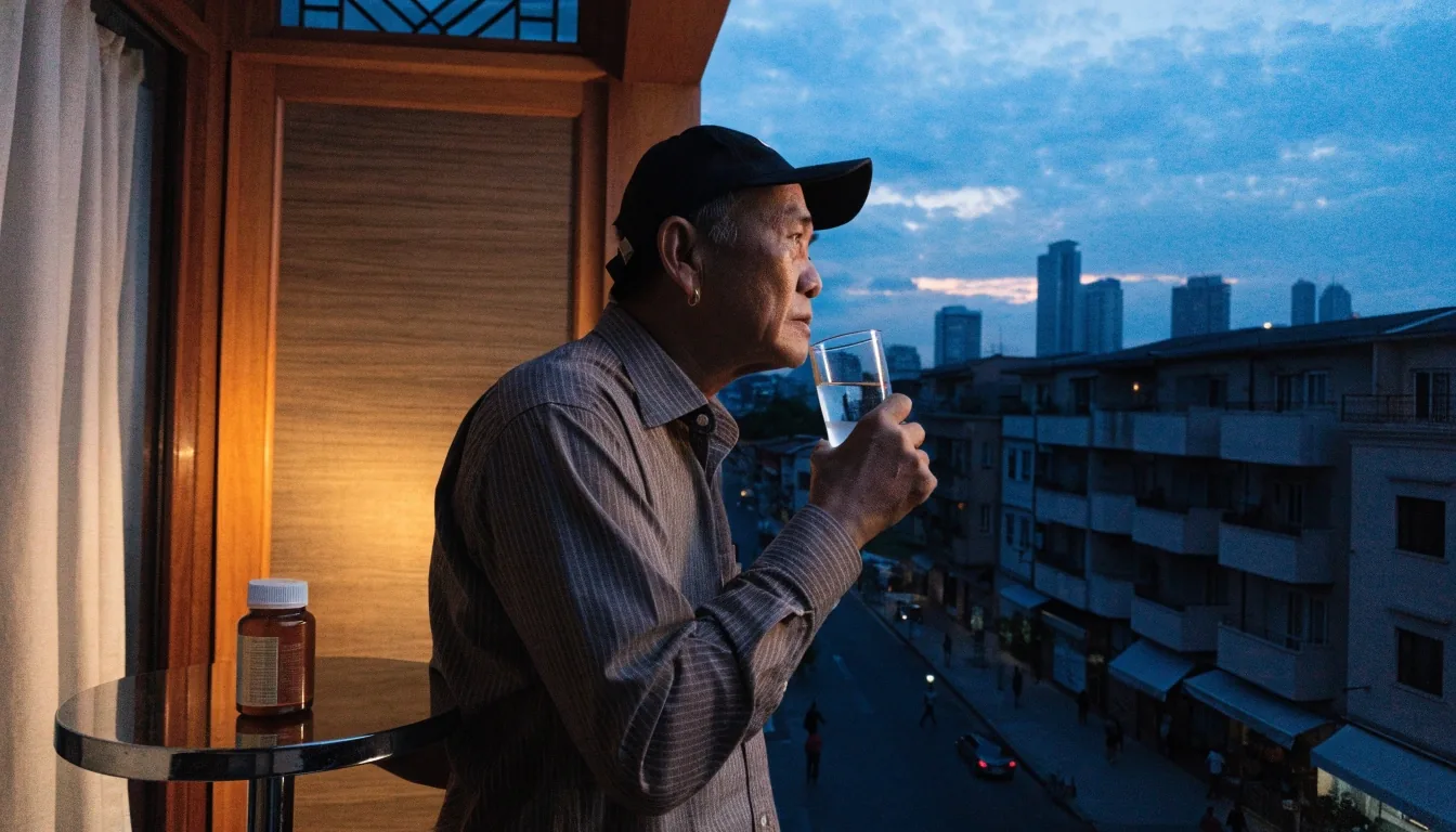 Quiet balcony table with a glass of water at early evening