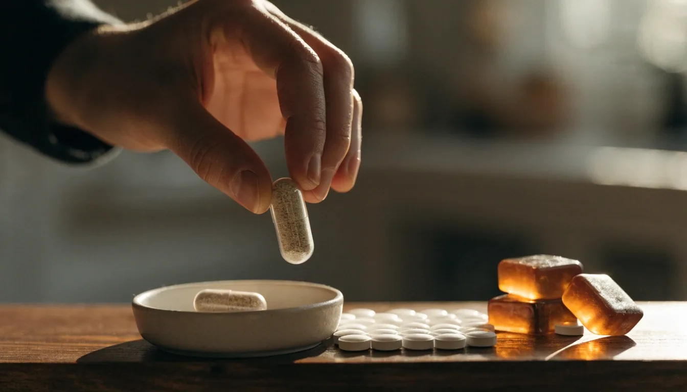 Tablets, capsules, and gummies arranged on a dark surface