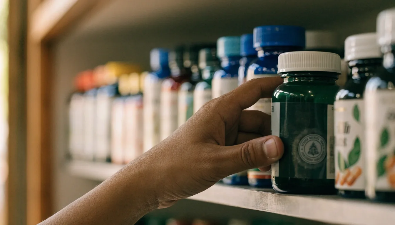 Wellness aisle with vitamin and mineral bottles on open shelving