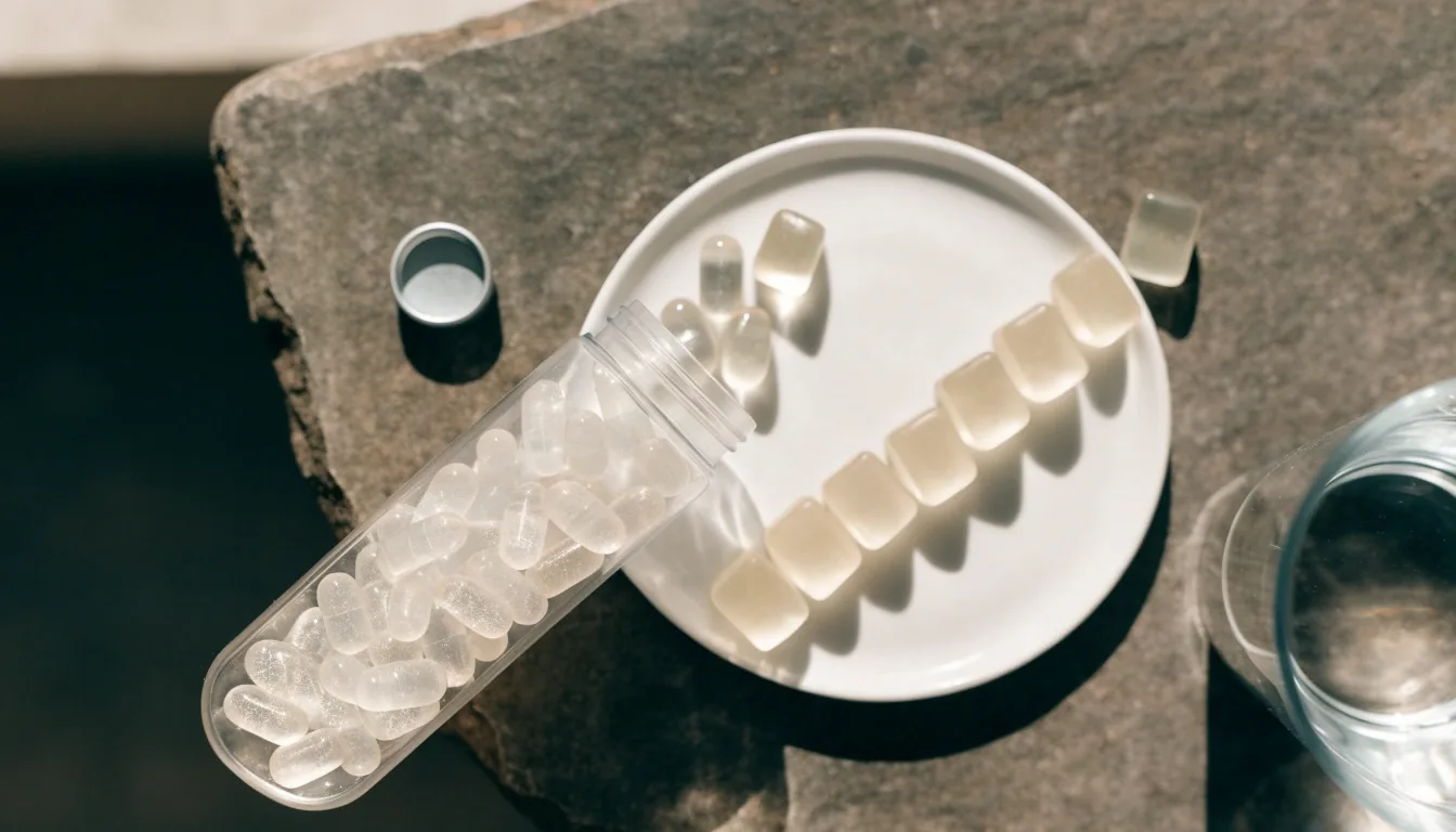 An open capsule bottle and a row of gummy pieces on a plate beside a glass of water