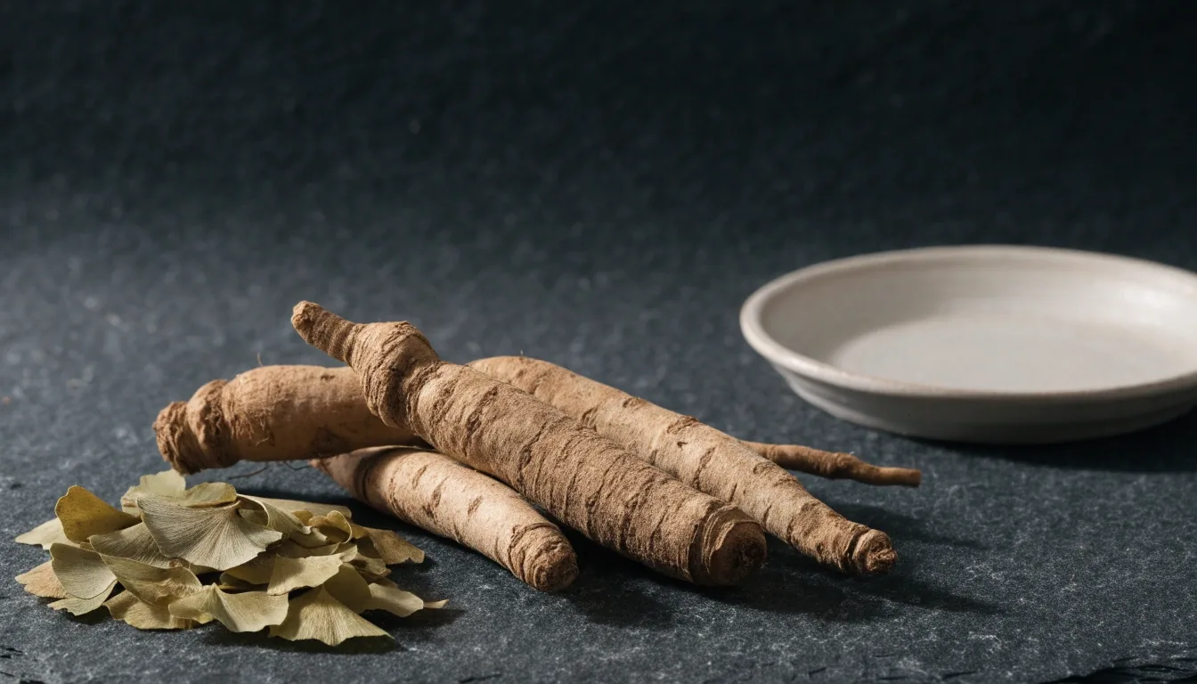Dried ginseng roots and ginkgo leaves arranged on a dark slate surface