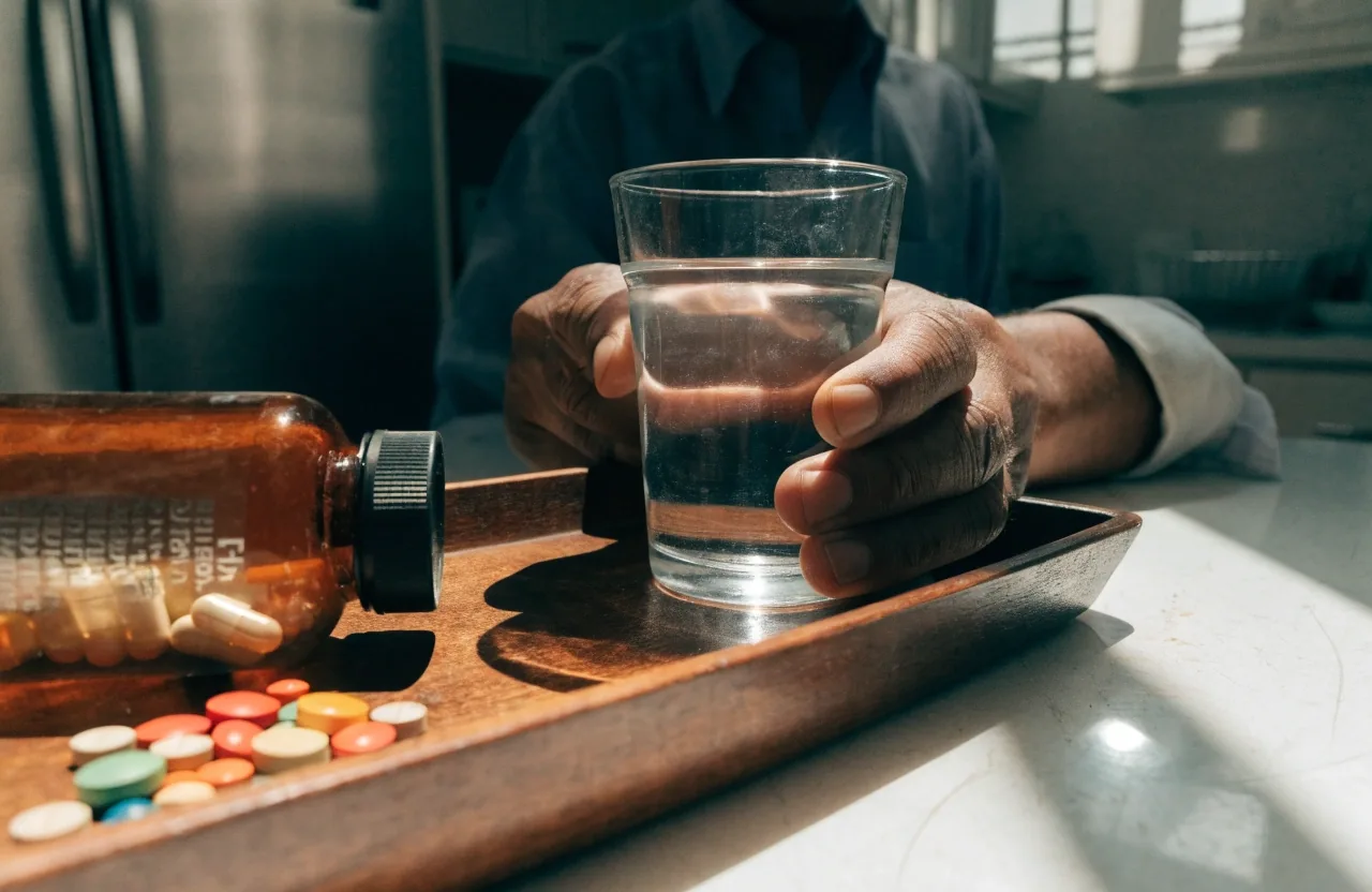 Hands holding a supplement bottle next to a glass of water on a kitchen counter