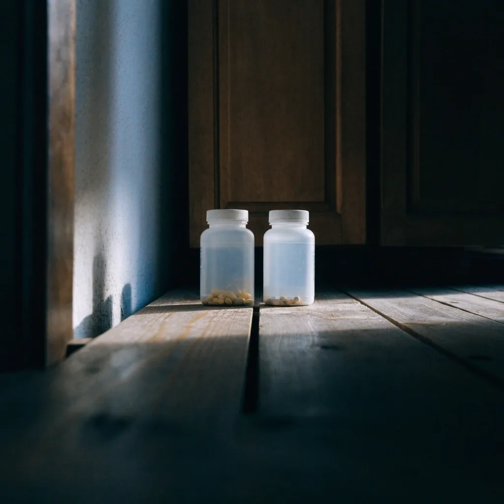 Supplement bottles standing on a dry shelf in a dark kitchen cupboard