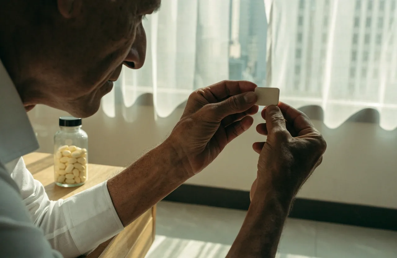 A hand lifting an unbranded supplement tablet from a dark counter beside an open bottle