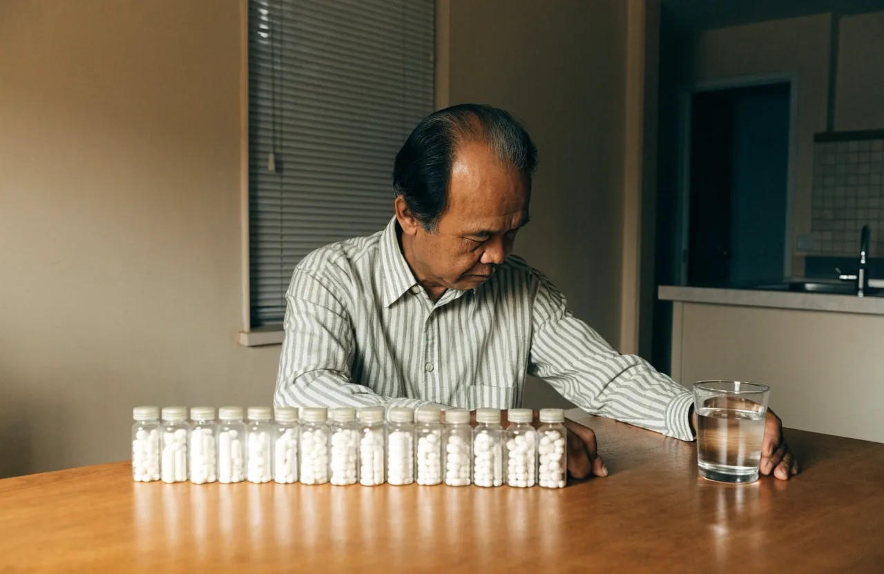 A man holding a single large capsule up to the light beside a glass of water and an unmarked bottle