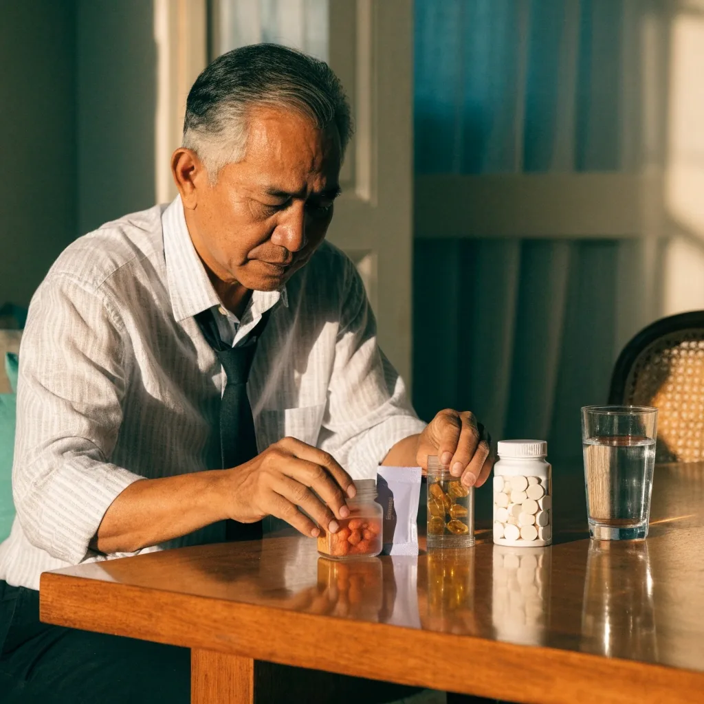 A man at his kitchen counter comparing two supplement bottles before a shelf of daily vitamin packs