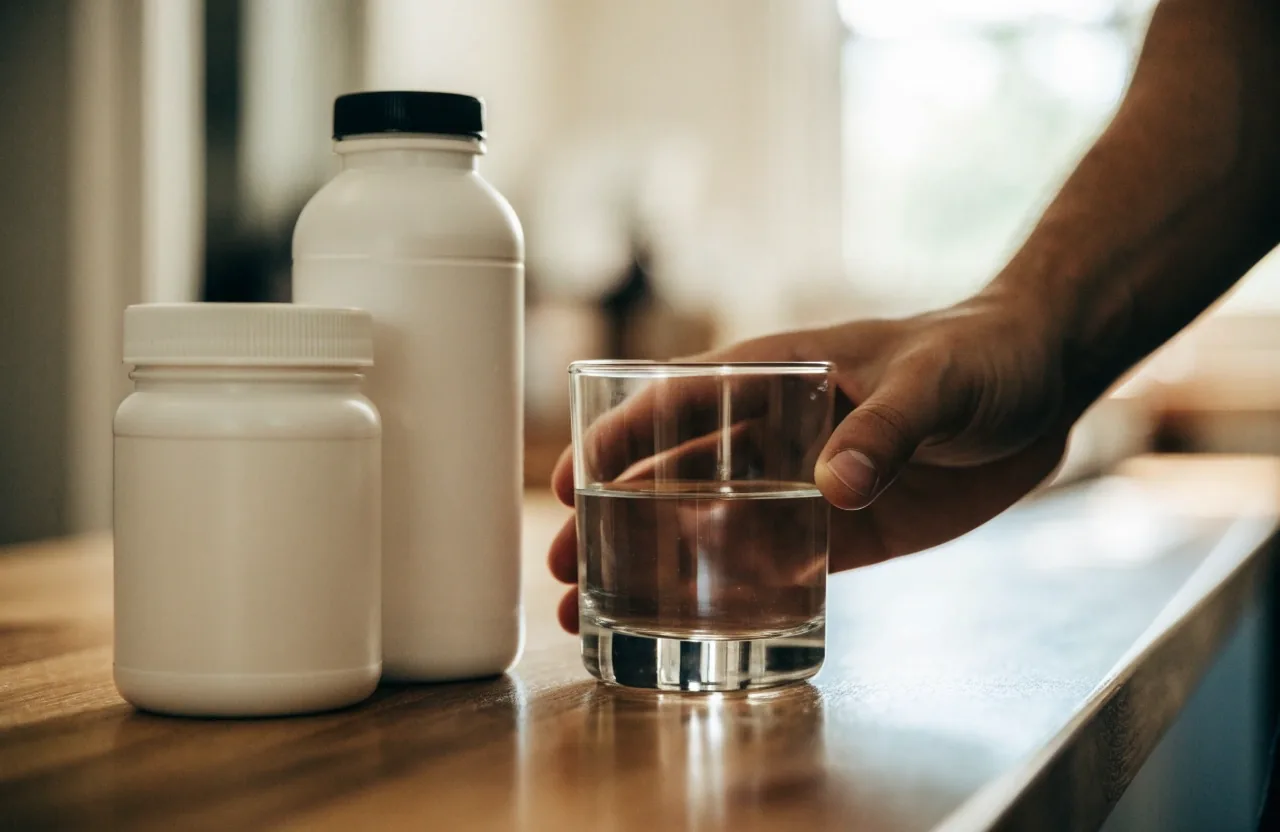 A quiet apartment shelf with unbranded supplement bottles and a hand closing a notebook below
