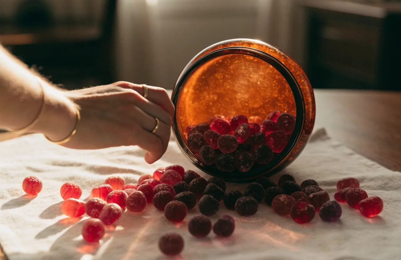 An open jar of unbranded berry gummies spilled onto pale linen beside a man's hand