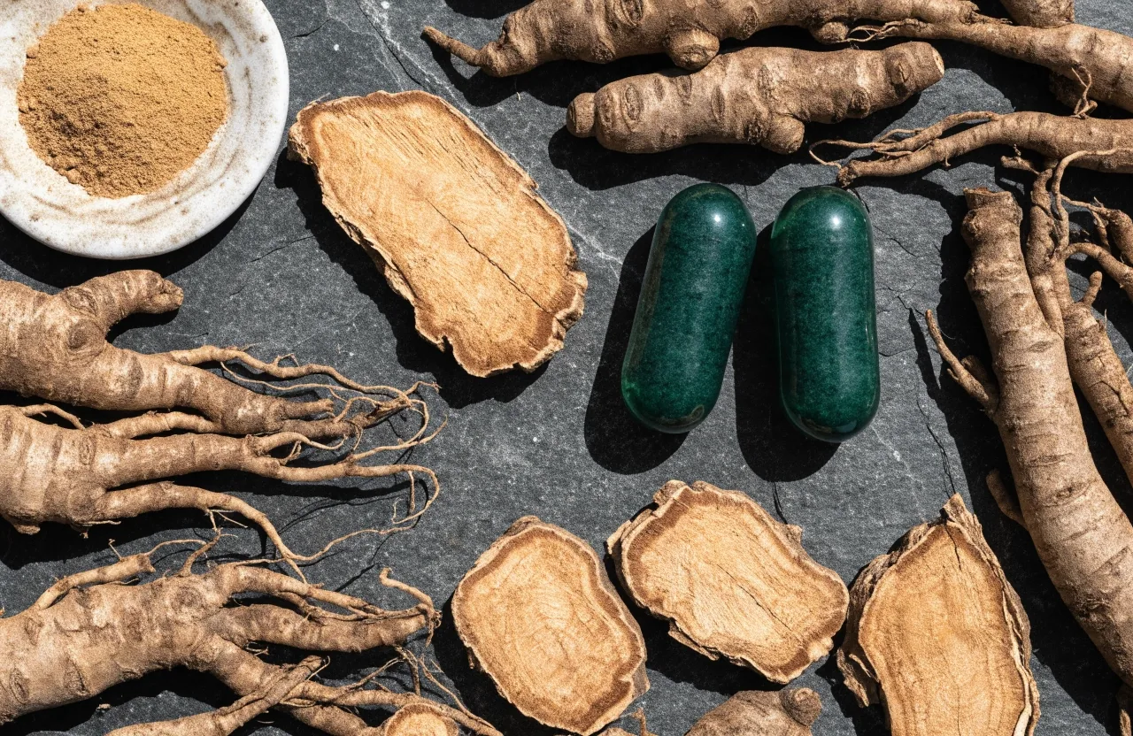 Dried ginseng root slices and unbranded herbal capsules arranged on a dark slate surface