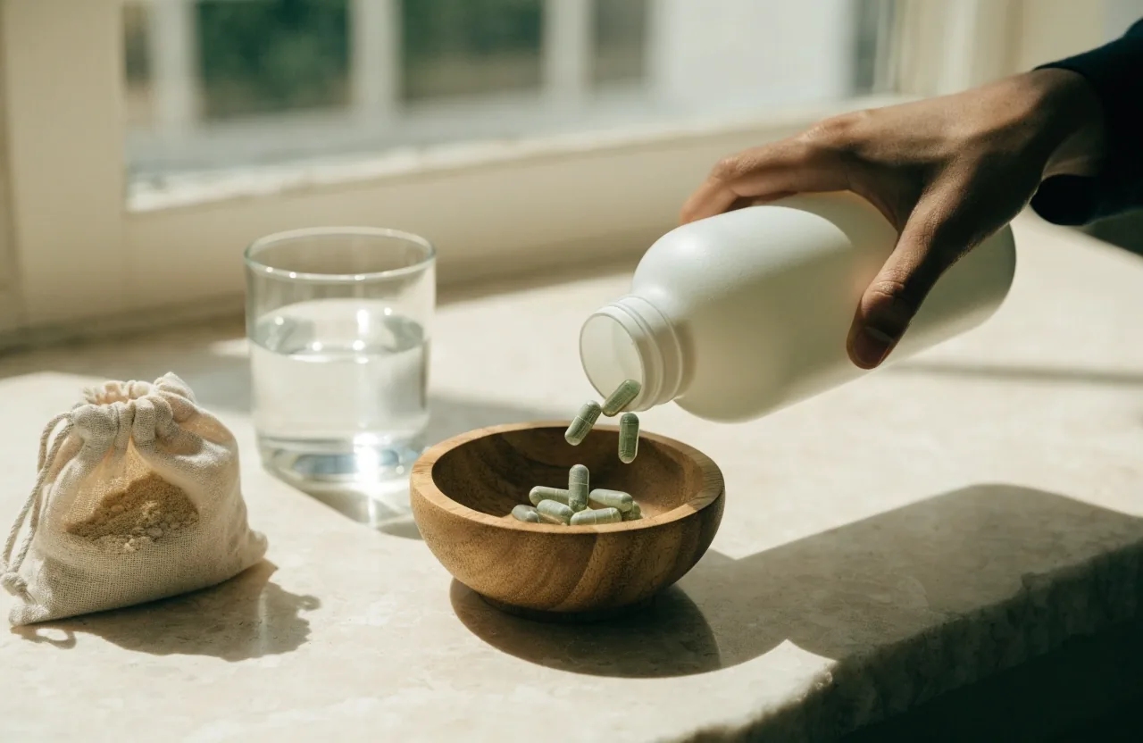 Unbranded plant-based capsules poured onto a pale oak board beside a dish of botanical powder