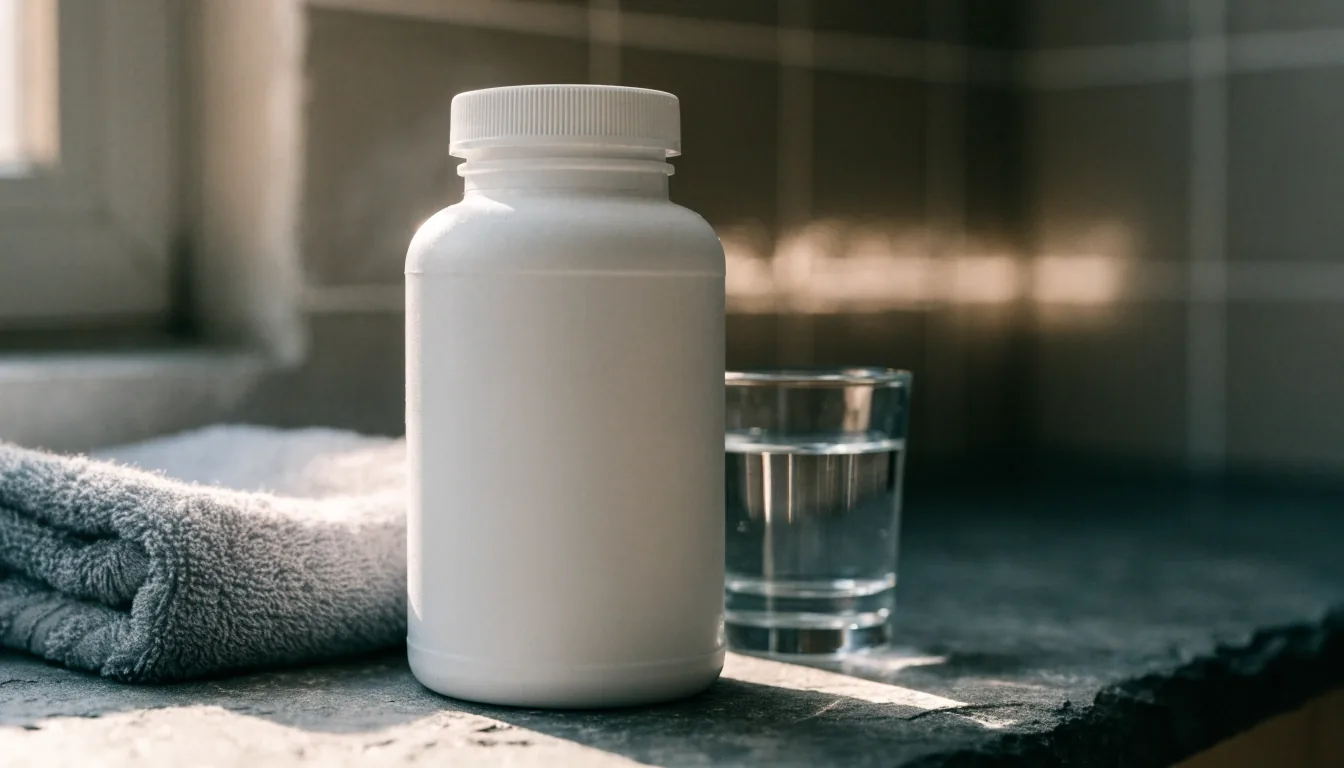 A men's vitamin bottle on a dark counter beside a glass of water and a folded towel in morning light