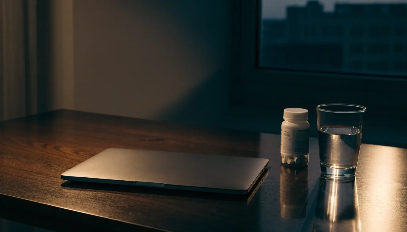A dark wooden desk at dusk with a closed laptop, a glass of water, and a supplement bottle to one side