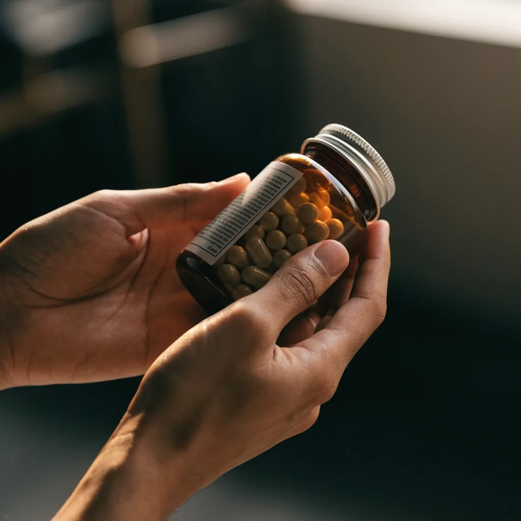 Hands holding a supplement bottle at a slight angle, with the ingredient panel turned away from the camera